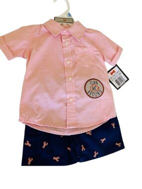 DAPPER DUDE SUSPENDER SHORT PANTS SHIRT SET 12 MONTHS PINK BLUE NWT EASTER